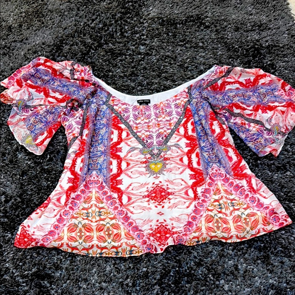 City Chic Red and Blue Puff Sleeve Blouse